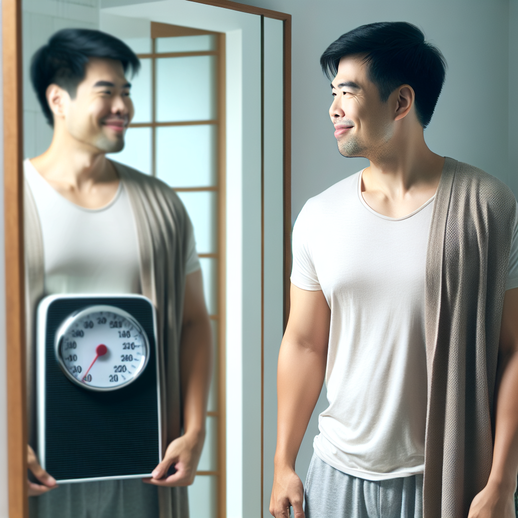 A person smiling confidently, looking at their reflection in a full-length mirror, their clothing visibly looser and fitting better. In the blurred background, a bathroom scale is clearly ignored, out of focus. The image conveys a sense of empowerment, body positivity, and progress measured by well-being and comfort, not numbers. Soft, natural lighting, realistic style.