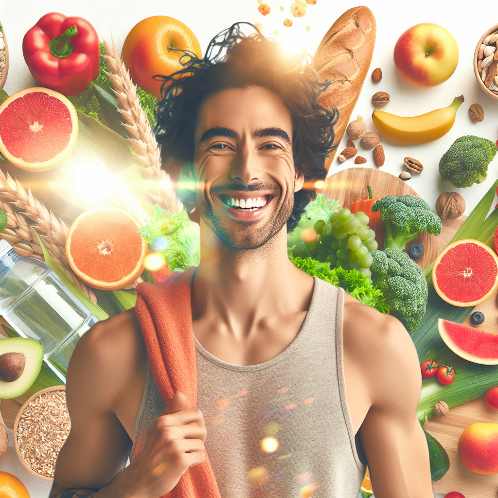 A vibrant, energetic person (gender-neutral) smiling and feeling refreshed, perhaps enjoying a morning stretch or a light walk in a bright, natural setting like a sunlit park. Around them, or subtly integrated into the background, are artfully arranged fresh, wholesome foods such as colorful fruits, leafy green vegetables, whole grain bread, and nuts. The overall mood is one of well-being, vitality, and health. High-quality, realistic photograph with soft, natural lighting.
