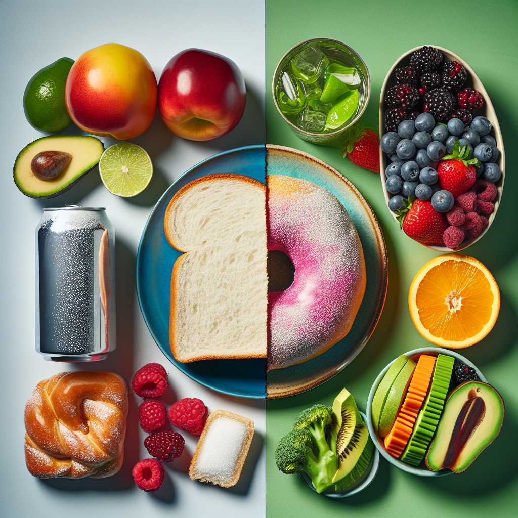 A clear visual comparison between problematic and healthy food choices. On one side, there are common items representing white flour and sugar: a slice of plain white bread, a sugary frosted donut, and a can of soda. On the other side, vibrant and inviting, are their healthy alternatives: a slice of whole-grain bread with avocado, a bowl of colorful mixed berries, and a glass of water with lemon. The healthy side should appear fresh, natural, and appealing, emphasizing the positive change and abundance. Studio quality photography with a clean background.