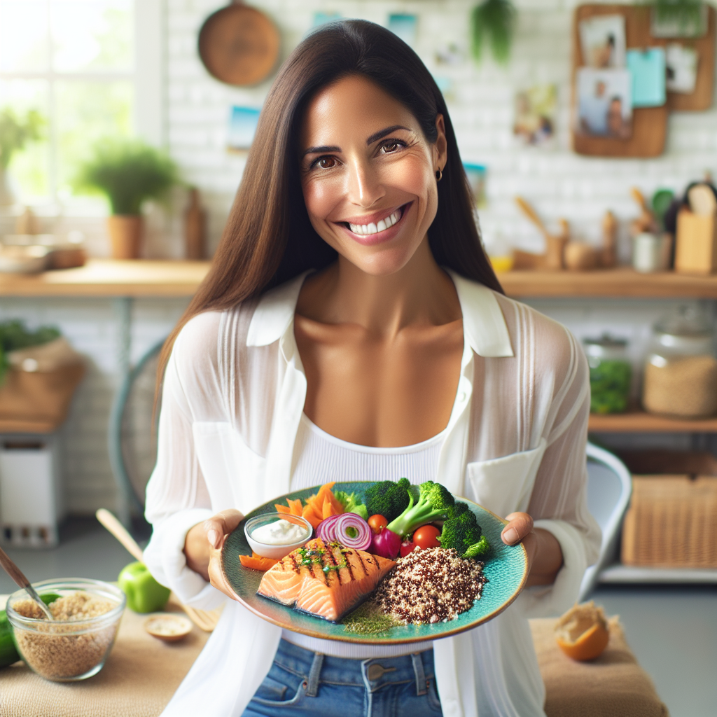 A cheerful woman, mid-30s, radiating health and energy, happily holding a plate with a vibrant, wheat-free meal (e.g., grilled salmon, quinoa, colorful vegetables). She looks slimmer and refreshed, in a bright, natural kitchen setting, symbolizing successful weight loss and well-being after going wheat-free. Soft, inviting light, realistic photo style.