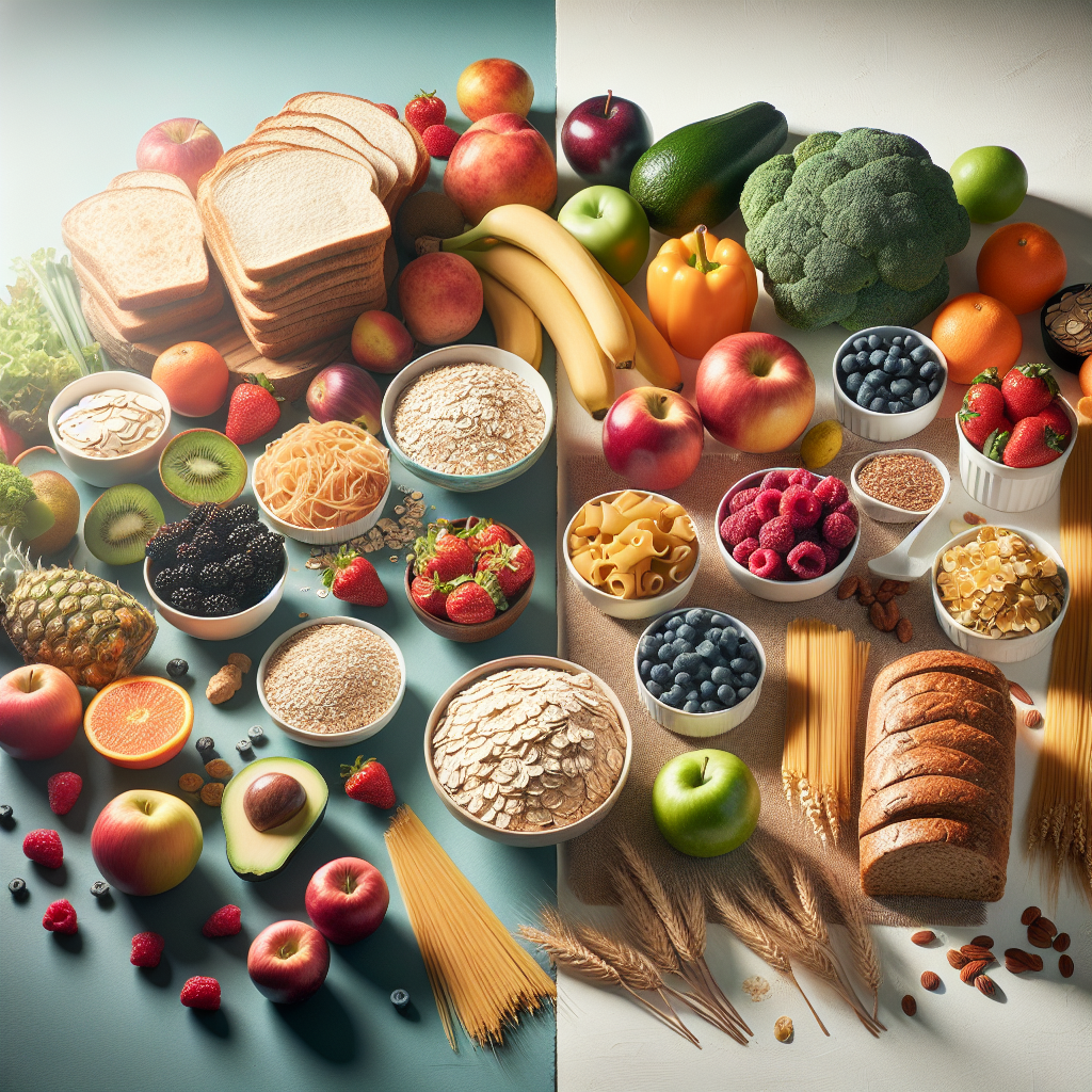 A visual contrast presented as a healthy choice: on one side, a small pile of common wheat products like white bread and pasta. On the other side, vibrant, appealing wheat-free alternatives such as a bowl of oats, fresh colorful fruits and vegetables (berries, avocado), and quinoa. The image should convey healthy decision-making and abundance of good alternatives for weight loss, with natural lighting and a clean, inviting aesthetic, realistic photo style.