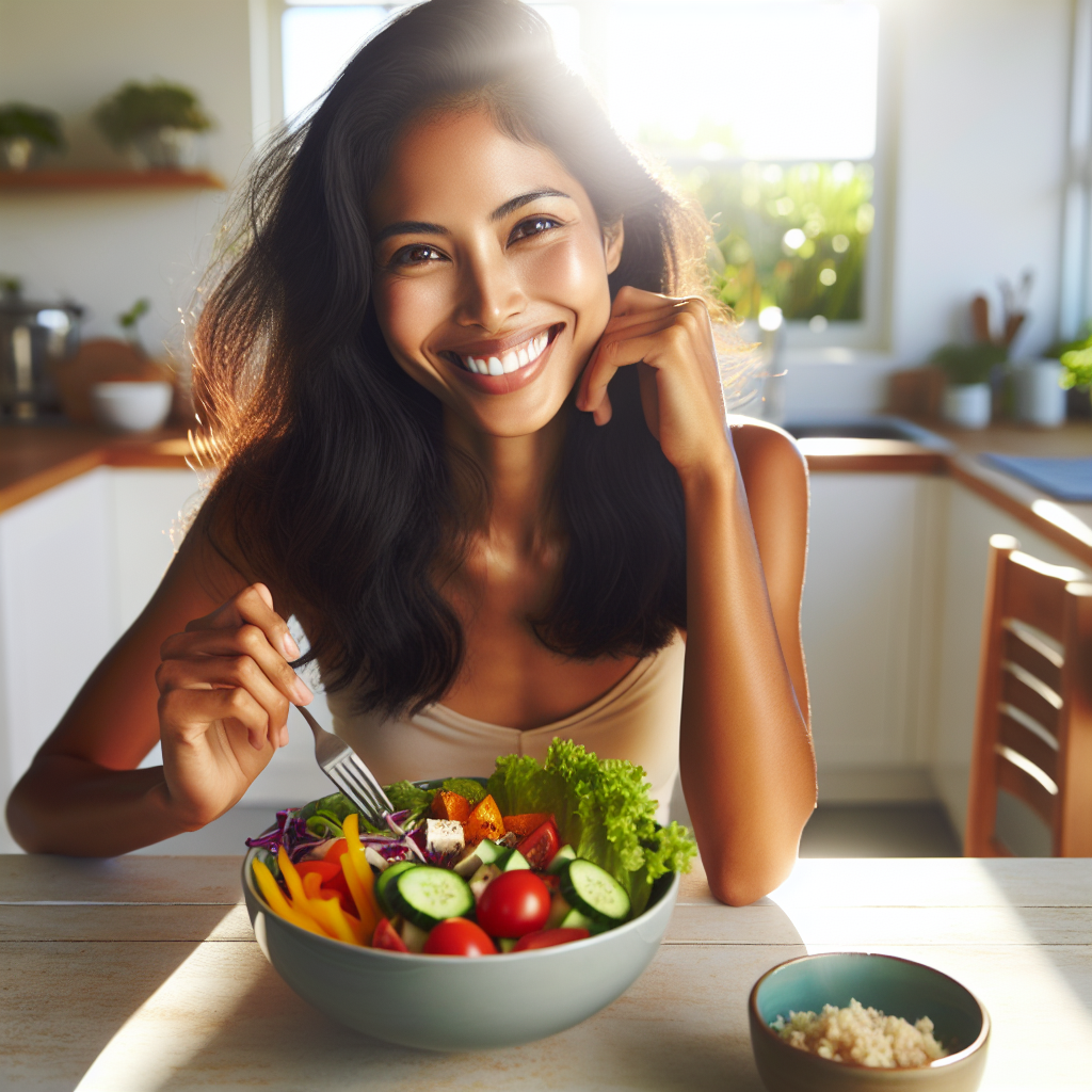 A vibrant, energetic person, appearing healthy and content, enjoying a delicious and colorful wheat-free meal at a sunlit kitchen table. The meal includes elements like a large fresh salad with diverse vegetables and protein, alongside a bowl of quinoa or brown rice. The person has a genuine smile, conveying a feeling of lightness and well-being. The background is bright and clean, suggesting a healthy lifestyle. Realistic photo style, high detail.