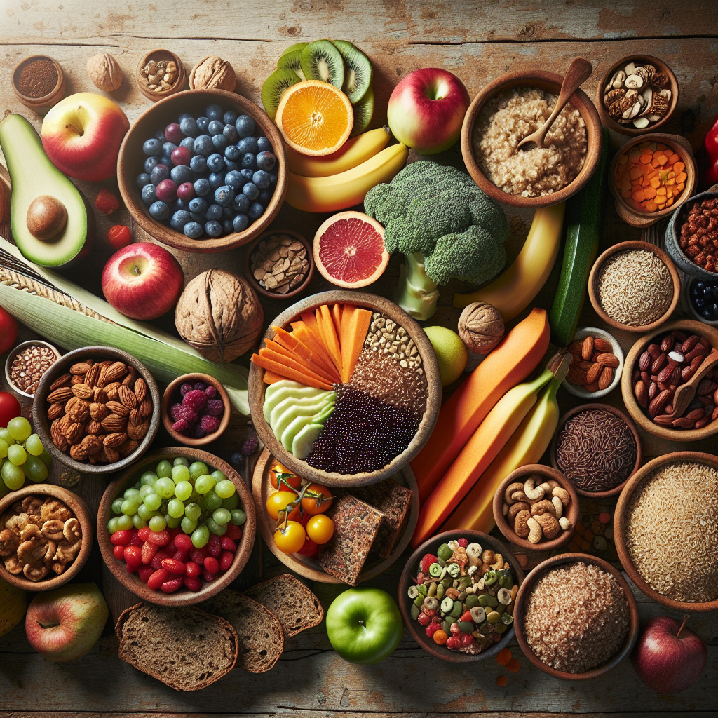 A beautifully styled flat lay photograph showcasing a diverse and appealing spread of healthy, wheat-free food alternatives on a rustic wooden surface. Include items like fresh fruits, a bowl of colorful vegetables, cooked quinoa or brown rice, lentils, a handful of nuts and seeds, and perhaps a slice of gluten-free bread or oats. The composition should be rich in texture and color, emphasizing natural ingredients and abundance. Soft, natural lighting. Studio food photography style.