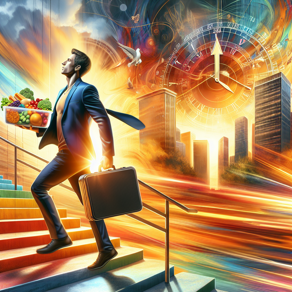 A dynamic image of a busy person (30s-40s, smart-casual attire) briskly walking up a bright, sunlit staircase, holding a sleek, healthy meal prep container. The background features a subtly blurred, bustling urban scene with a visible calendar or clock motif, symbolizing a packed schedule. The mood is empowering and optimistic, representing effective weight loss through daily activity and nutrition without time for traditional sports. Realistic digital painting, vibrant colors.