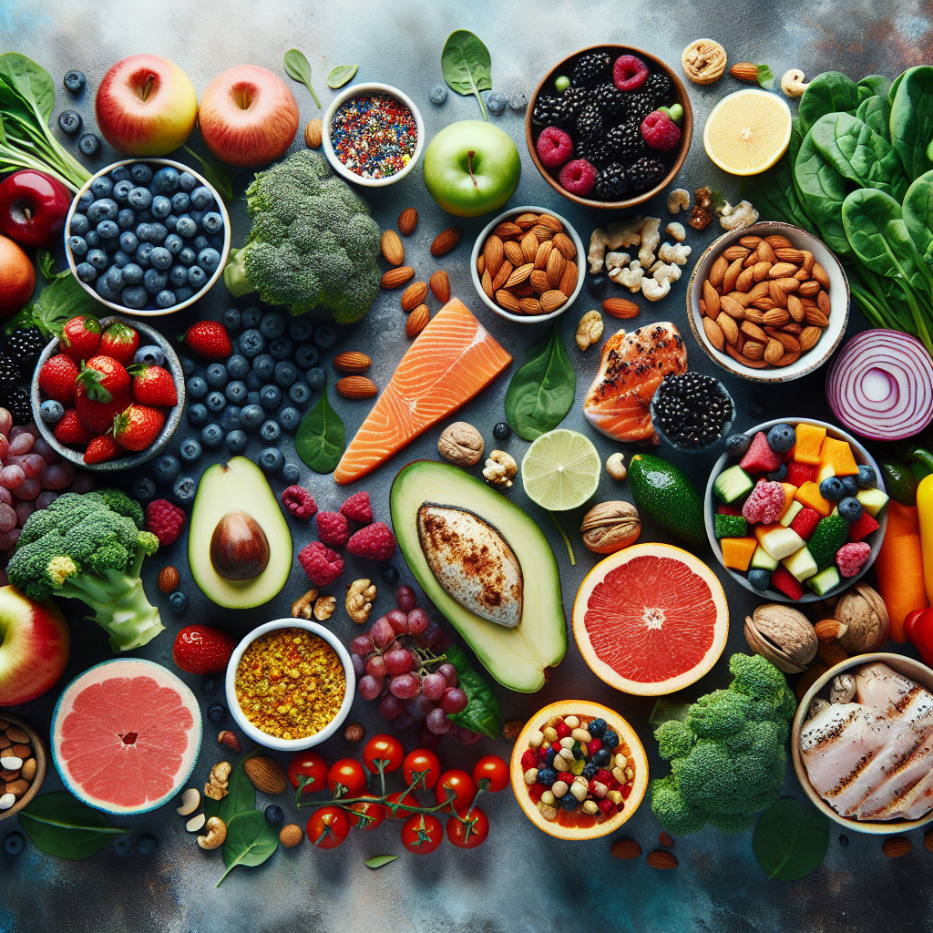 A vibrant, aesthetically pleasing flat lay of various fresh, whole foods like colorful fruits (berries, apples), leafy green vegetables (spinach, broccoli), lean protein (grilled chicken or fish), and healthy fats (avocado slices, nuts). A blurred background subtly shows outlines of generic sugary sweets or greasy fast food, indicating their absence. The mood is clean, healthy, and inviting.