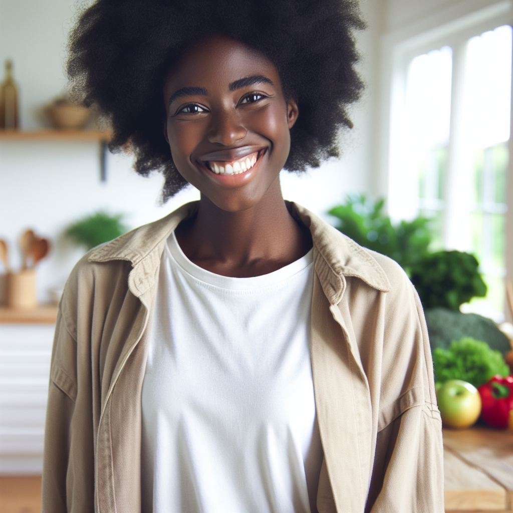 A dynamic image of a person (diverse, gender-neutral) with a radiant, confident smile, appearing energetic and light. They are casually dressed, perhaps in a light, comfortable outfit, in a bright, modern kitchen or a sunny outdoor setting. Fresh ingredients like vibrant vegetables and fruits are subtly integrated into the foreground or background, creating an aura of natural well-being and vitality.