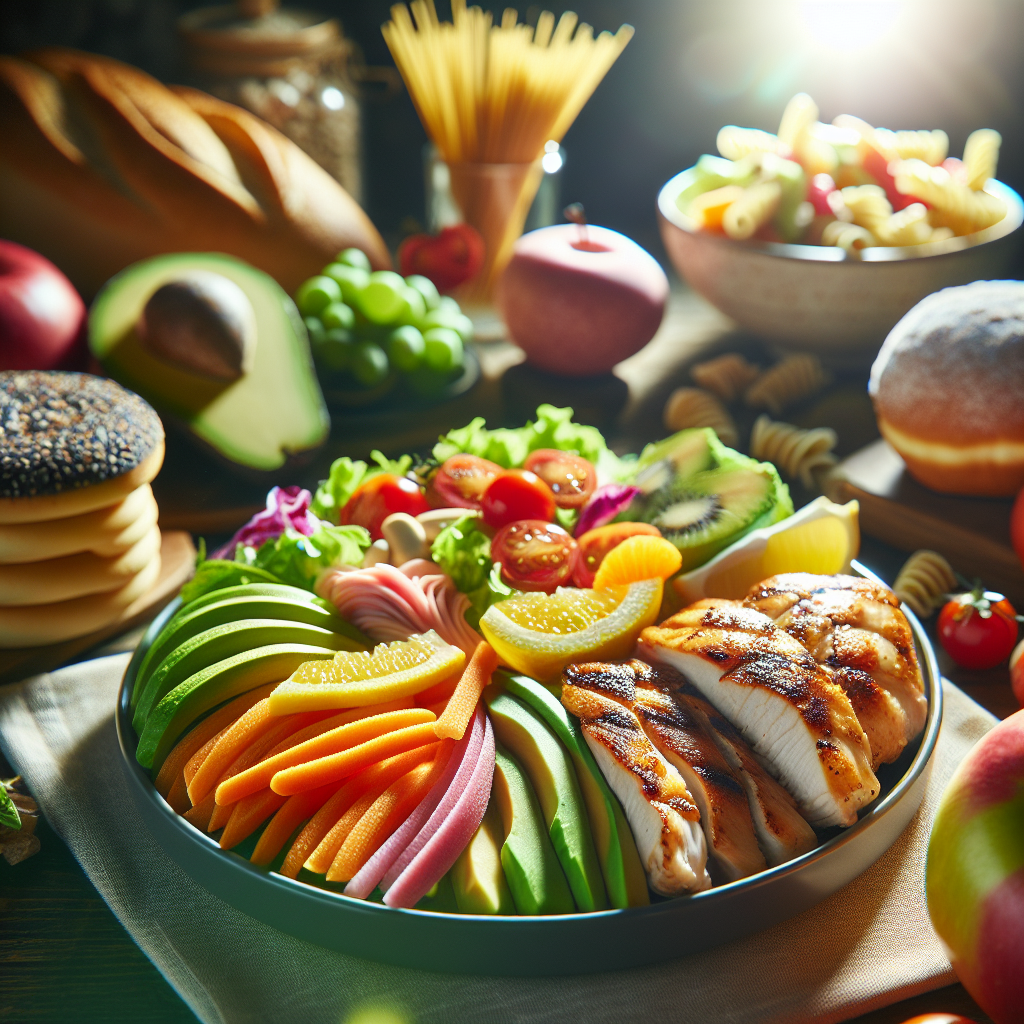 A vibrant image depicting a plate filled with healthy, sugar-free, low-carb foods (e.g., grilled chicken, colorful mixed salad, avocado slices) in the foreground. In the blurred background, subtly out of focus, are generic representations of high-carb and sugary items like bread, pasta, or a donut, symbolizing a conscious choice to leave them behind. The scene is bright, optimistic, and conveys a feeling of health, vitality, and effective weight loss. Studio lighting, clean aesthetic, high-angle shot.