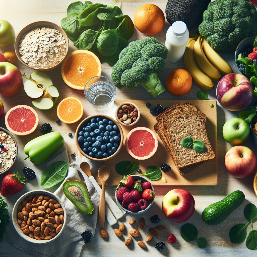 A vibrant and appetizing flat lay image showing a diverse assortment of fresh, unprocessed, natural foods on a light wooden table or countertop. Include colorful fruits like berries, apples, and citrus, various green leafy vegetables, whole grain bread slices, oats, nuts, and a glass of clear water. The arrangement should be aesthetically pleasing and convey abundance and health. Crucially, there are no processed snacks, diet pills, supplement shakes, or weight loss products visible. Soft, natural light illuminates the scene, enhancing textures and colors, with a shallow depth of field.