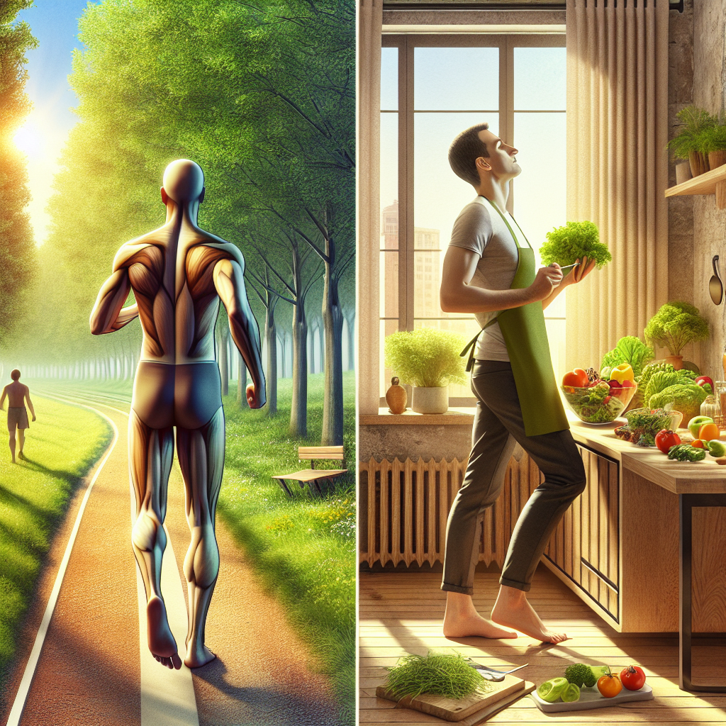 A person (gender-neutral, diverse and healthy-looking) engaged in a simple, everyday activity that represents natural well-being and a sustainable lifestyle. They could be enjoying a mindful walk on a sunlit path in a park with green trees, or happily preparing a fresh, colorful salad in a bright, modern kitchen. The scene should convey a sense of calm energy, vitality, and effortless health, focusing on the joy of healthy habits rather than the struggle of dieting. Emphasize natural beauty, light, and a realistic, clean aesthetic.