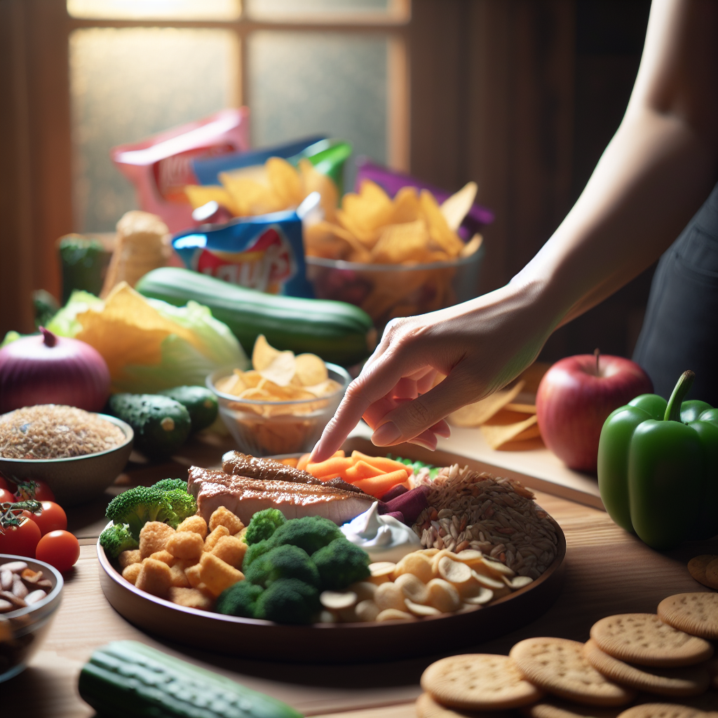 A calm, minimalistic scene depicting a person's hand consciously choosing a plate with a healthy, balanced main meal (e.g., lean protein, vegetables, whole grains) over a blurred background of various tempting snack foods (chips, cookies). Emphasize mindful eating and the concept of structured meals for weight loss, with soft, natural lighting.