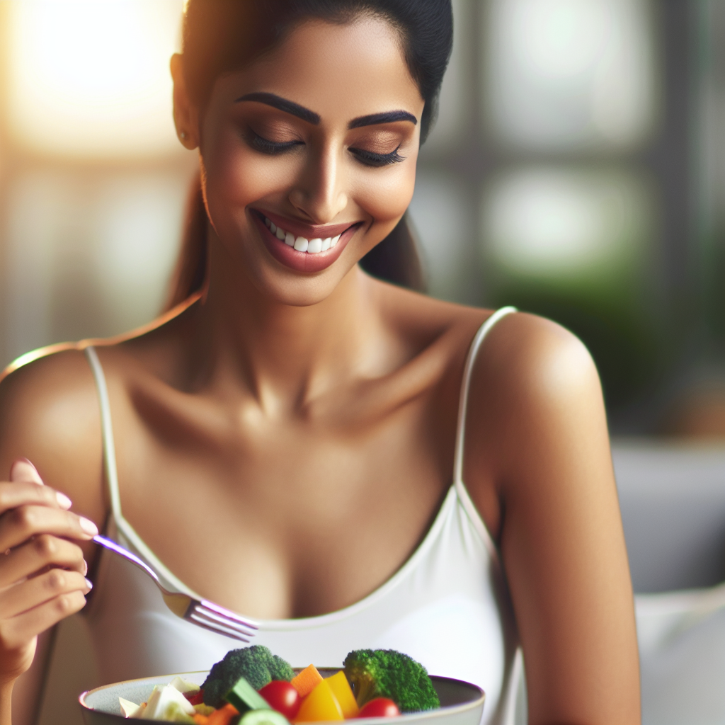 A person looking happy and healthy, with a fit physique, effortlessly enjoying a diverse plate of appealing, balanced food in a relaxed setting. They are not visibly counting calories or stressing over food choices, instead engaging intuitively and joyfully with their meal. The scene conveys a sense of freedom and ease around eating, symbolizing weight loss achieved without strict dieting. Bright, natural lighting, soft focus background, inviting atmosphere, realistic photography style.