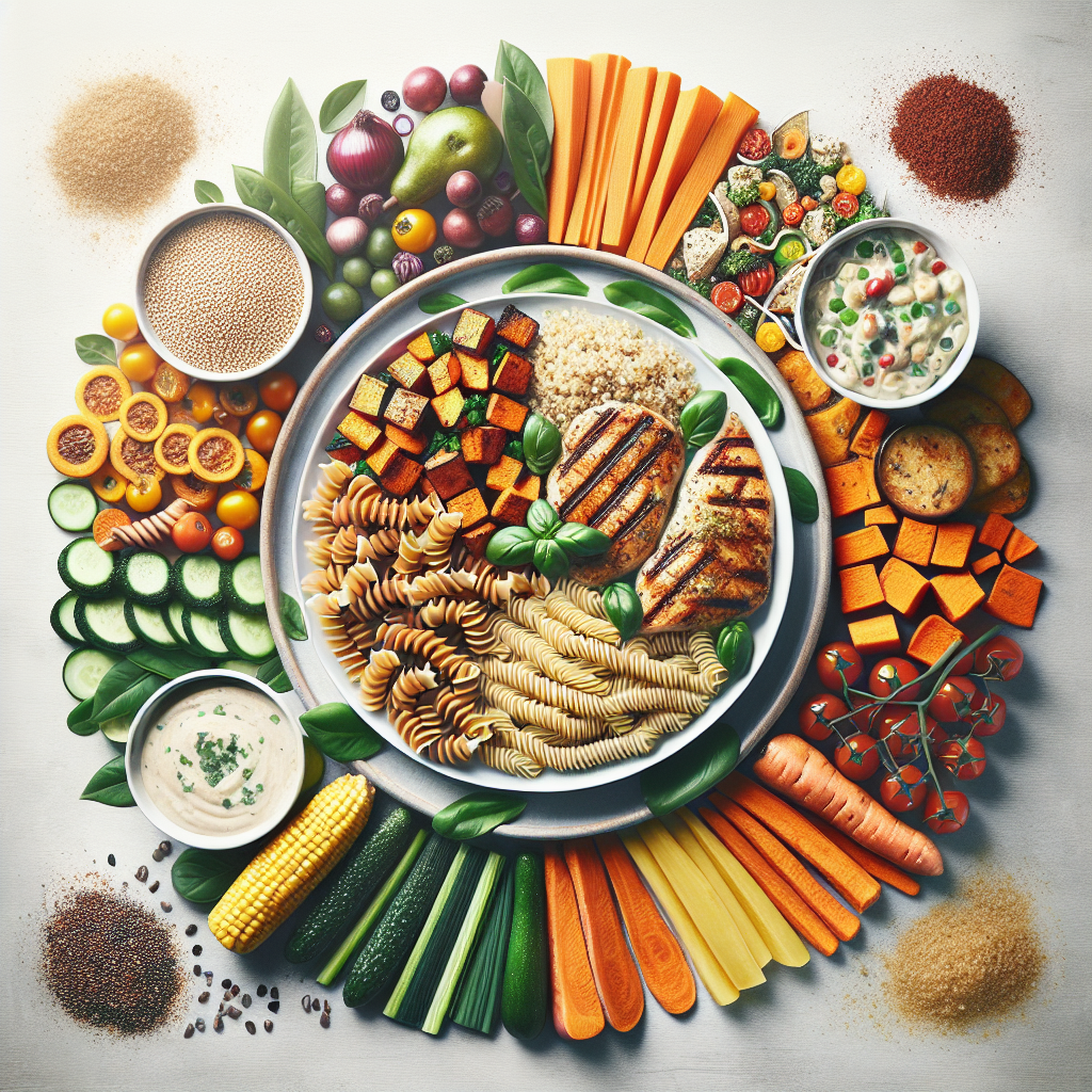 A vibrant and appetizing plate featuring a balanced meal that includes delicious complex carbohydrates such as whole-grain pasta, roasted sweet potatoes, or quinoa, alongside lean protein like grilled chicken or fish, and an abundance of colorful fresh vegetables and salad. The setting is bright and inviting, subtly conveying healthy eating for sustainable weight management, without deprivation.