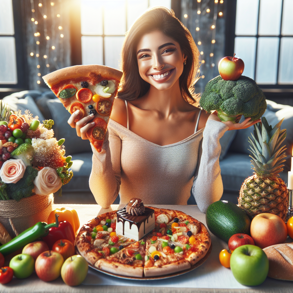 A joyful person smiling, holding a slice of delicious-looking pizza in one hand and a vibrant, crisp apple in the other, with a beautifully arranged table spread in front of them. The table features a mix of colorful fresh vegetables, fruits, whole-grain bread, lean protein, and a small, elegant piece of chocolate cake. The scene emphasizes abundance, balance, and the enjoyment of diverse foods without restriction or deprivation. Bright, inviting, high-quality photograph with a warm, natural light.