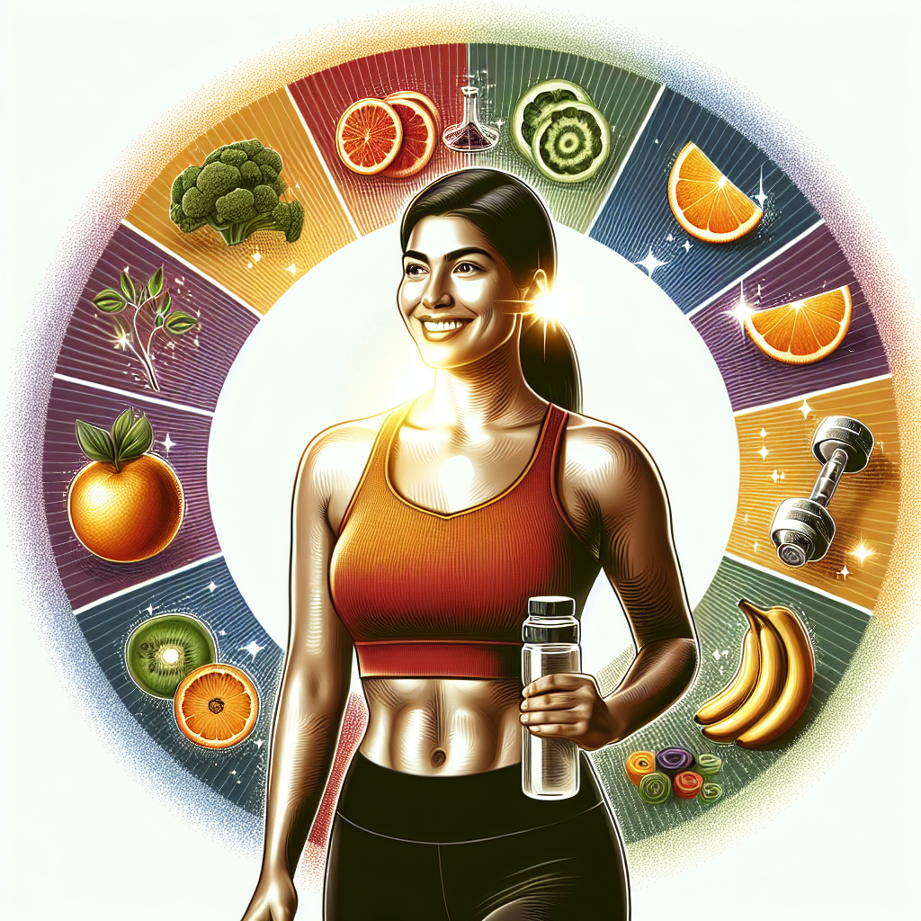 A confident woman radiating health and vitality, surrounded by elements symbolizing a balanced lifestyle like vibrant fresh produce and gentle exercise equipment. She maintains a strong, natural feminine silhouette, emphasizing overall well-being and the preservation of her body's natural curves during a healthy weight loss journey. Bright, empowering, and modern digital art style.