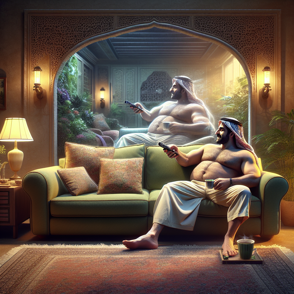 A person relaxing comfortably on a plush sofa, perhaps holding a remote control or a cup of tea, looking relaxed and content. In the background or subtly integrated into the scene, there's a translucent, aspirational silhouette of a much slimmer, healthier version of the person, almost like a ghost or a dream. The overall aesthetic is thoughtful and slightly ironic, hinting at the idea of effortless weight loss. Soft, warm lighting, cozy living room setting. High detail.