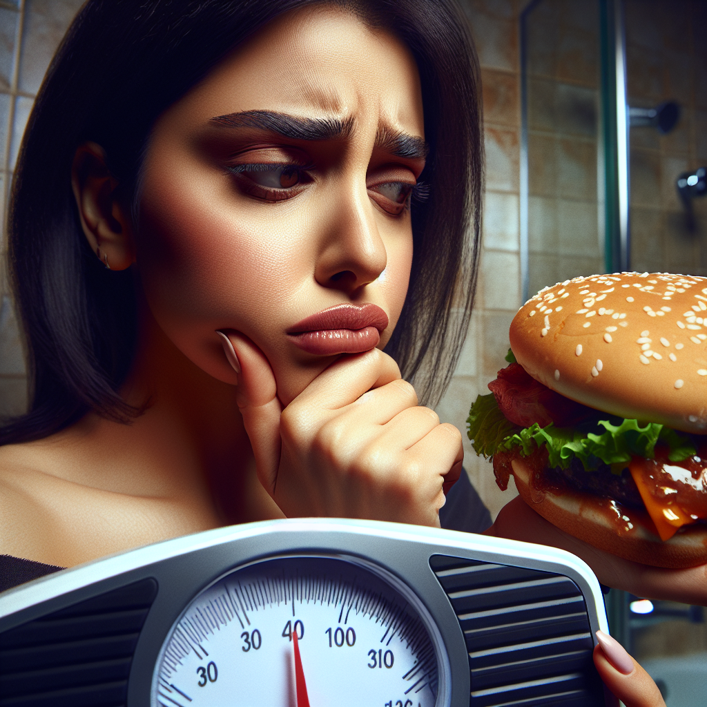 A person looking thoughtfully and slightly conflicted, holding a large, unhealthy snack like a greasy burger or a sugary donut, while subtly in the background a bathroom scale is visible. The scene should convey the dilemma of wanting to lose weight but struggling with unhealthy food choices. Realistic photo, blog article style.