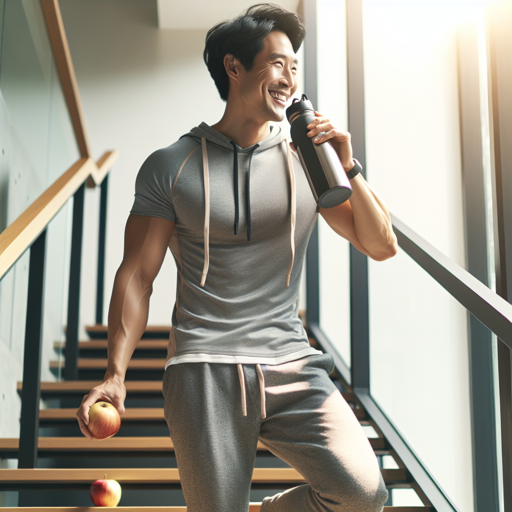 A vibrant, inviting image of a diverse person (e.g., in their 30s-40s) effortlessly incorporating small healthy habits into a bright, modern everyday scene. They are smiling gently while easily climbing a flight of stairs, perhaps holding a stylish water bottle, with elements like a healthy snack (e.g., apple, nuts) discreetly visible. The atmosphere is light, stress-free, and inspiring, conveying a sense of ease and well-being, rather than intense effort or struggle. Emphasize a realistic and relatable daily routine, not a gym setting.