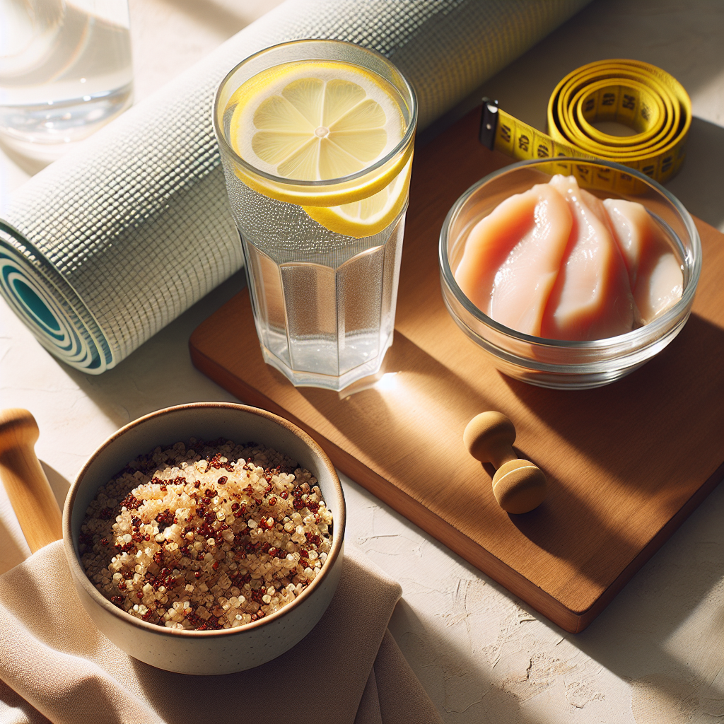 A visually appealing flat lay composition showing key elements for firm skin during weight loss: a tall glass of water with lemon slices, a small bowl of high-protein foods like quinoa and chicken breast, and a subtle hint of a yoga mat or resistance band. The setting is clean and fresh, with warm, natural light creating an inviting atmosphere, symbolizing hydration, nutrition, and gentle exercise for skin elasticity.