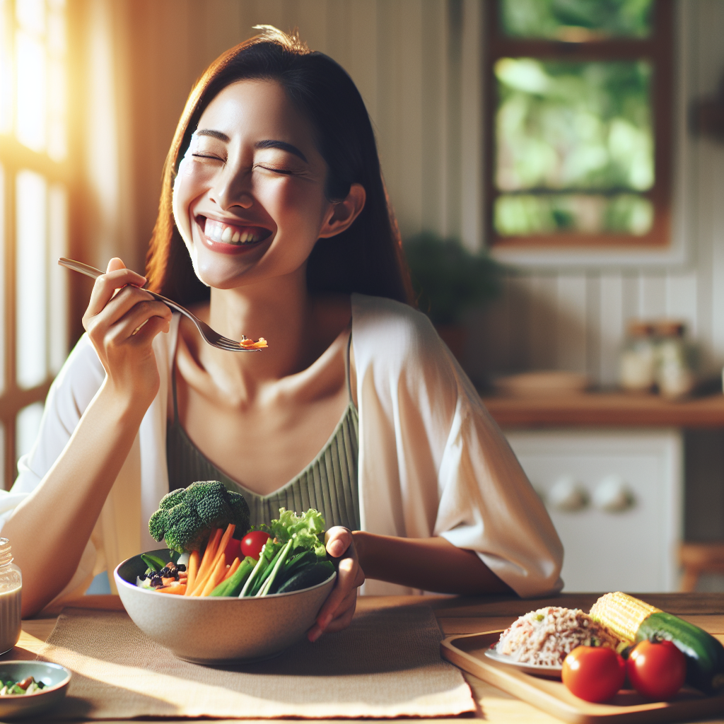 A happy, relaxed person enjoying a vibrant, healthy, and diverse meal (e.g., a colorful bowl with vegetables, lean protein, and whole grains) at a cozy, sunlit kitchen table. The atmosphere is peaceful and inviting, emphasizing mindful eating and the joy of food without strict diet rules. Soft, natural lighting, high-quality photography, focus on well-being.