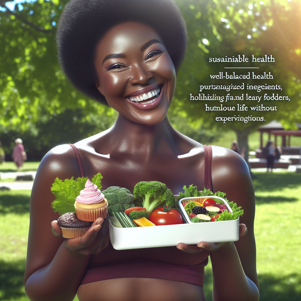 A cheerful, healthy-looking person standing in a sunlit park, holding a balanced bento box filled with delicious, fresh ingredients (e.g., colorful veggies, whole grains, lean protein) and a small, delightful cupcake or cookie. They are smiling confidently, radiating well-being and long-term health, symbolizing sustainable weight loss and 'living life to the fullest' without feeling restricted. Dynamic, positive atmosphere. Realistic photo style.