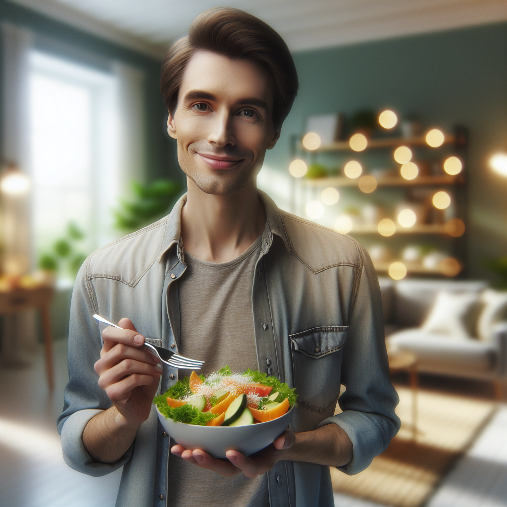 A calm and content person (gender neutral) in their 30s, casually dressed, enjoying a healthy meal (e.g., a colorful salad or fruit bowl) in a bright, comfortable home environment. They are smiling gently, embodying a healthy lifestyle achieved without strenuous exercise. The scene emphasizes relaxation, good nutrition, and well-being. Realistic style, soft natural lighting.