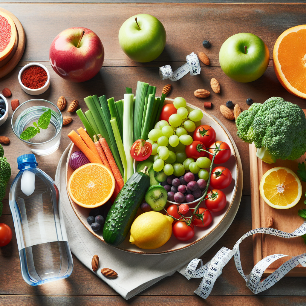 A vibrant, inviting flat lay of a variety of healthy, fresh foods on a kitchen counter or wooden table – including colorful vegetables, fruits, lean protein, and a glass of water. A subtle visual element suggesting weight loss or healthy living, like a small measuring tape gently curved beside a plate, but no gym equipment or intense activity is visible. Food photography style, bright and clean.