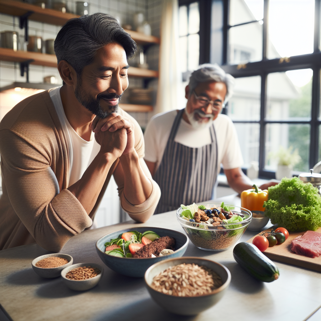 A serene and inviting image of a person looking healthy and content in a bright, modern kitchen or dining area. They are mindfully enjoying a beautifully presented, balanced meal (e.g., a vibrant salad with lean protein, whole grains). The scene emphasizes conscious eating and healthy nutrition as the path to weight loss, without any sports equipment or strenuous activity visible. The atmosphere is calm, sustainable, and promotes a feeling of everyday well-being. Realistic style, natural light.