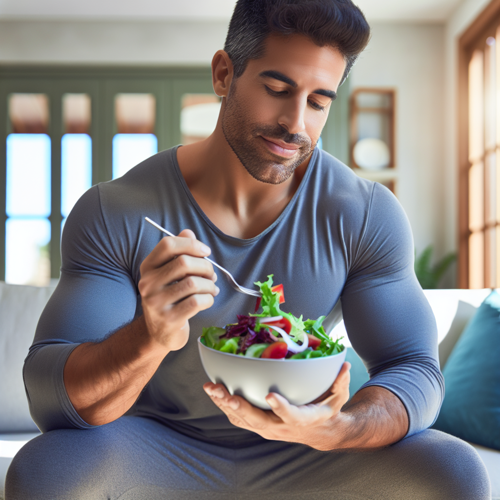 A serene, happy person enjoying a light, healthy meal (like a vibrant salad or fruit bowl) in a comfortable, bright home environment. The person looks naturally fit and relaxed, radiating a sense of well-being without any visible gym equipment or strenuous activity. Soft, natural lighting emphasizes ease and healthy living.