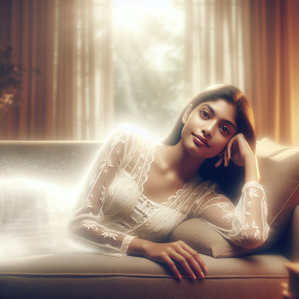 A person relaxing contentedly on a comfortable sofa, looking serene. Around them, a subtle, ethereal glow or a light, vanishing silhouette suggests effortless weight loss. There are no visible signs of exercise, strenuous activity, or diet food. The atmosphere is calm, aspirational, and slightly magical, depicting the dream of losing weight without doing anything. Soft, warm lighting.