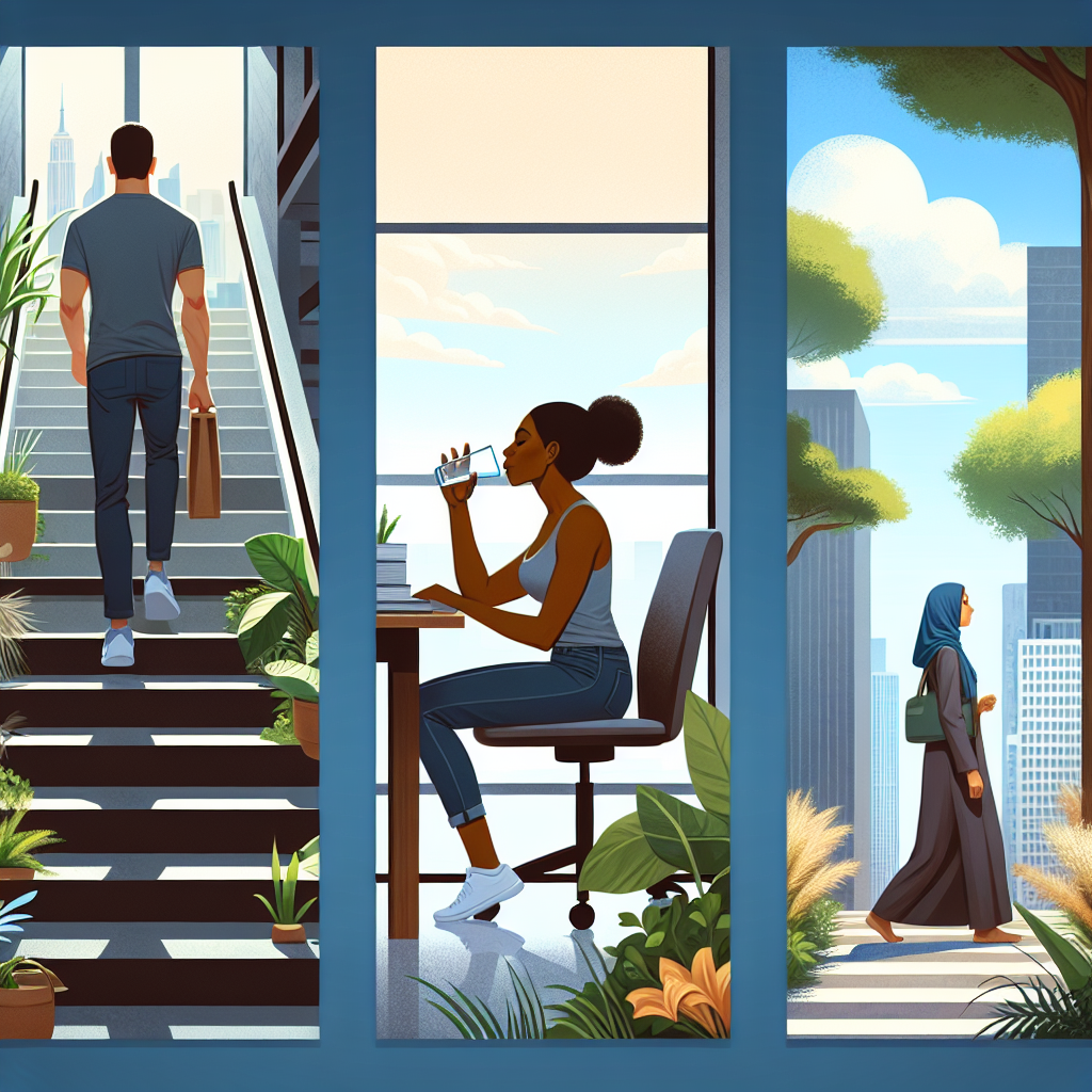 A triptych or three-panel image illustrating subtle, everyday healthy habits. The first panel shows a person choosing to walk up a set of stairs instead of taking an elevator. The second panel features someone mindfully drinking a glass of water at a desk or table. The third panel depicts a person enjoying a short, leisurely walk in a pleasant, leafy urban environment. The overall style is realistic, positive, and emphasizes achievable, small lifestyle changes that contribute to well-being.