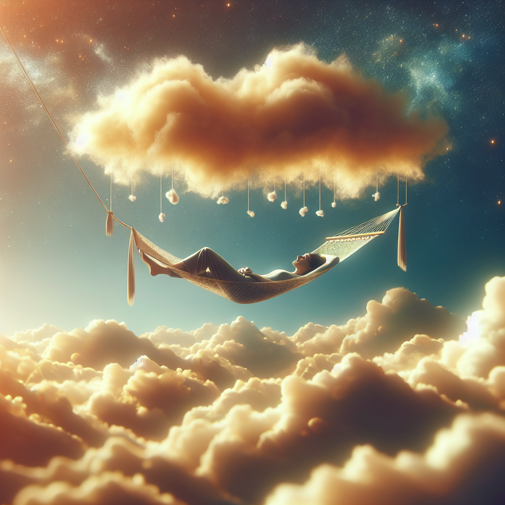 A whimsical, serene image of a person effortlessly floating on a cloud or lounging in a hammock, looking perfectly slim and relaxed, while surrounded by easygoing elements like a gentle breeze and sun. This visual represents the dream of 'losing weight without doing anything,' with a light, almost magical atmosphere.
