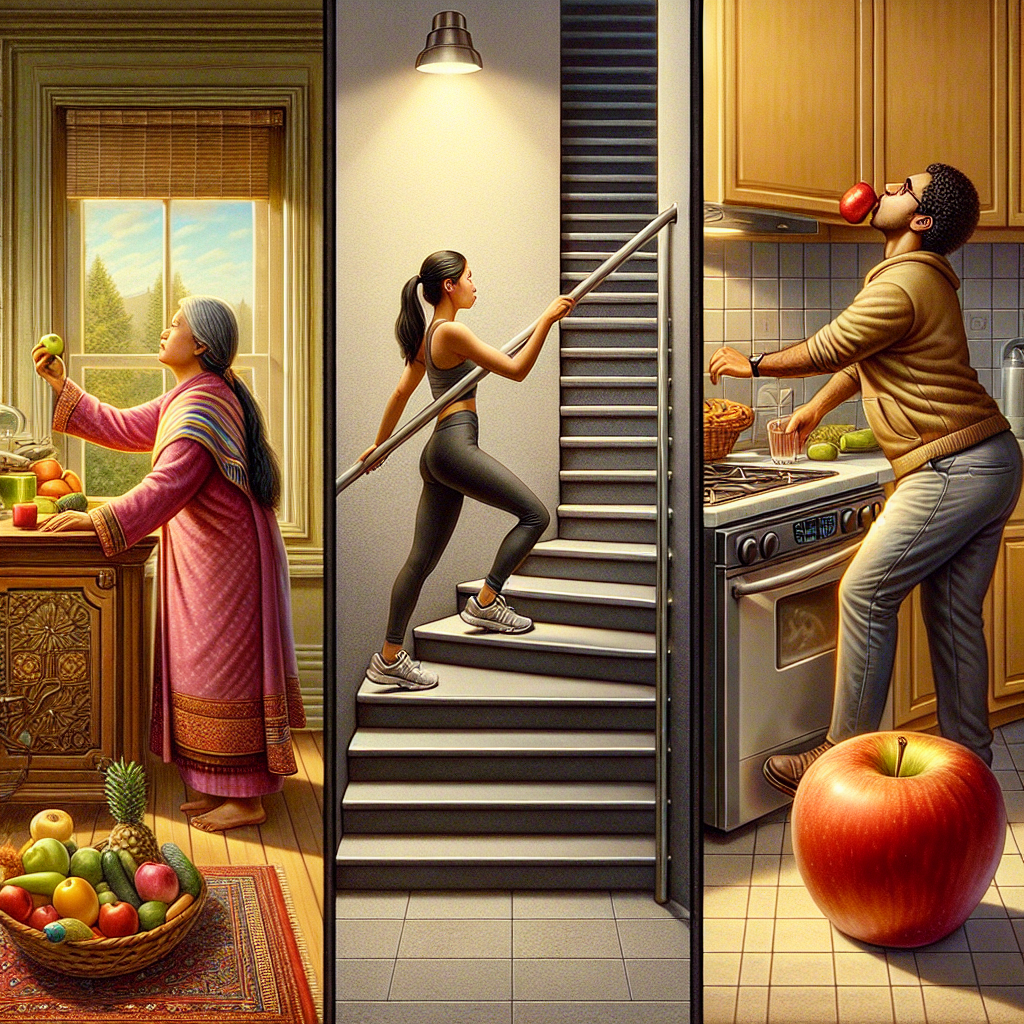 A contrasting, realistic image showing subtle, everyday healthy choices: a person opting for stairs instead of an elevator, reaching for a piece of fruit on a counter, or taking a short walk during a break. The scene should convey small, mindful actions leading to gradual well-being, challenging the 'no effort' myth with achievable steps.