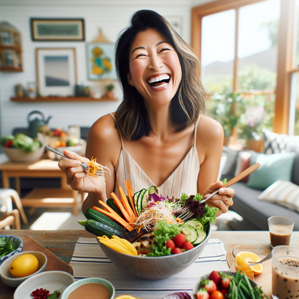 A happy, healthy-looking person (gender-neutral, perhaps a woman in her 30s-40s) smiling genuinely while enjoying a vibrant, abundant meal of fresh, colorful, and wholesome foods (e.g., a large salad with grilled vegetables and lean protein, or a hearty whole-grain bowl with fresh fruit on the side). They look completely satisfied, energetic, and light, conveying the concept of effortless weight loss without hunger or deprivation. The setting is bright and inviting, like a sunny kitchen or a cozy dining area, emphasizing an accessible and joyful everyday lifestyle. The overall mood is positive, relaxed, and empowering. Realistic photo, bright lighting.