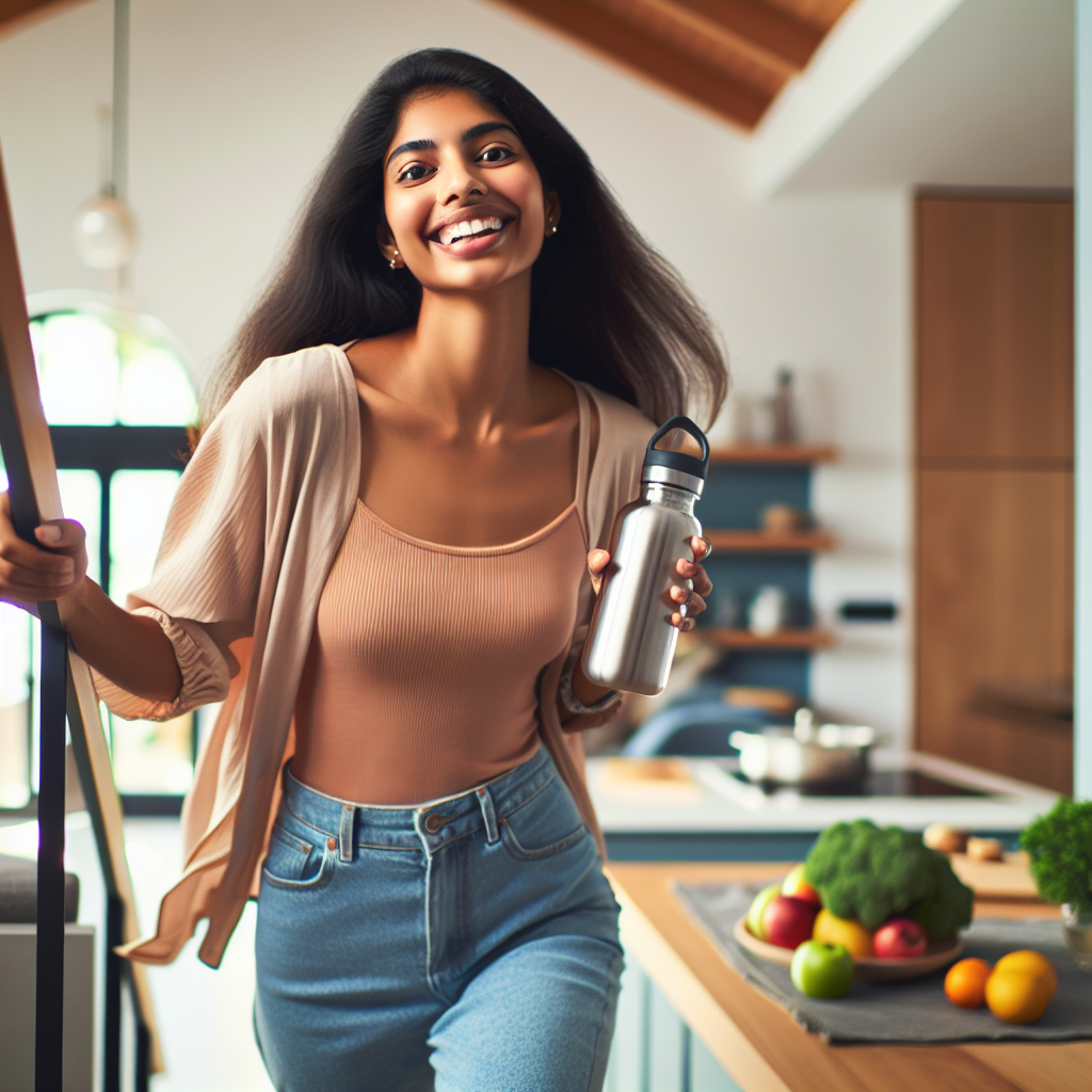 A cheerful person in a bright, modern home setting, happily taking the stairs while carrying a reusable water bottle, with a subtle background hint of fresh fruit on a kitchen counter. The scene conveys effortless, healthy lifestyle changes for weight loss, without the typical 'diet' imagery. Smooth, clean aesthetic, focus on ease and everyday integration.