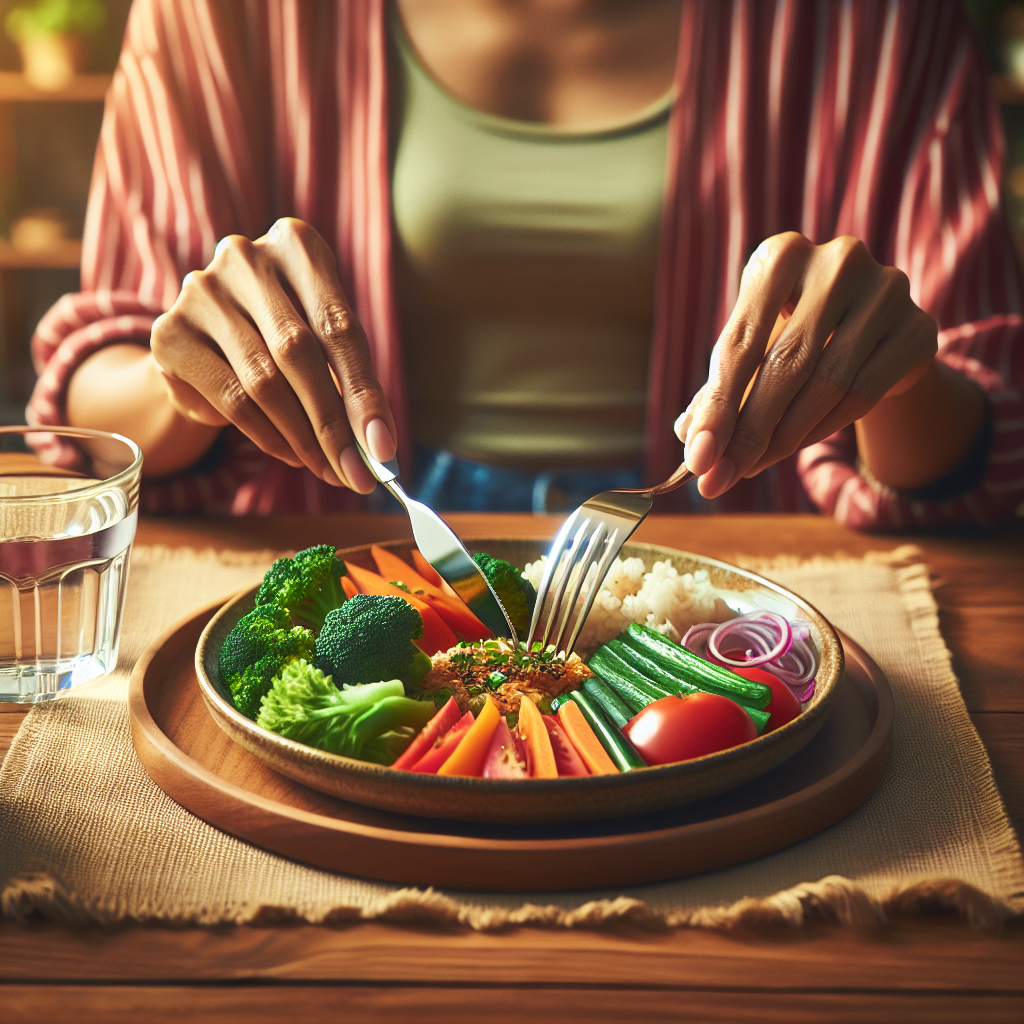 A close-up of hands holding a fork poised over a vibrant, healthy meal on a wooden table, with a clear glass of water next to it. The focus is on mindful enjoyment, showing unhurried eating. The background is softly blurred, implying a calm, pleasant environment. The overall mood is one of healthy satisfaction and conscious living, symbolizing effective weight loss through mindful habits.