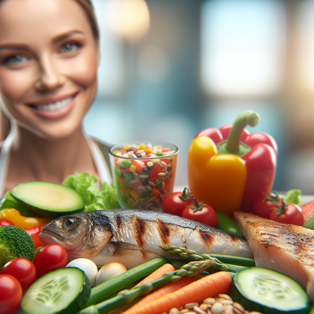 A vibrant, close-up shot of a delicious and abundant healthy meal, featuring colorful fresh vegetables, lean grilled fish or chicken, and whole grains. In the background, slightly out of focus, a person is smiling contentedly, reflecting satisfaction and the absence of hunger. The lighting is bright and inviting, emphasizing freshness and joy. Realistic photo.