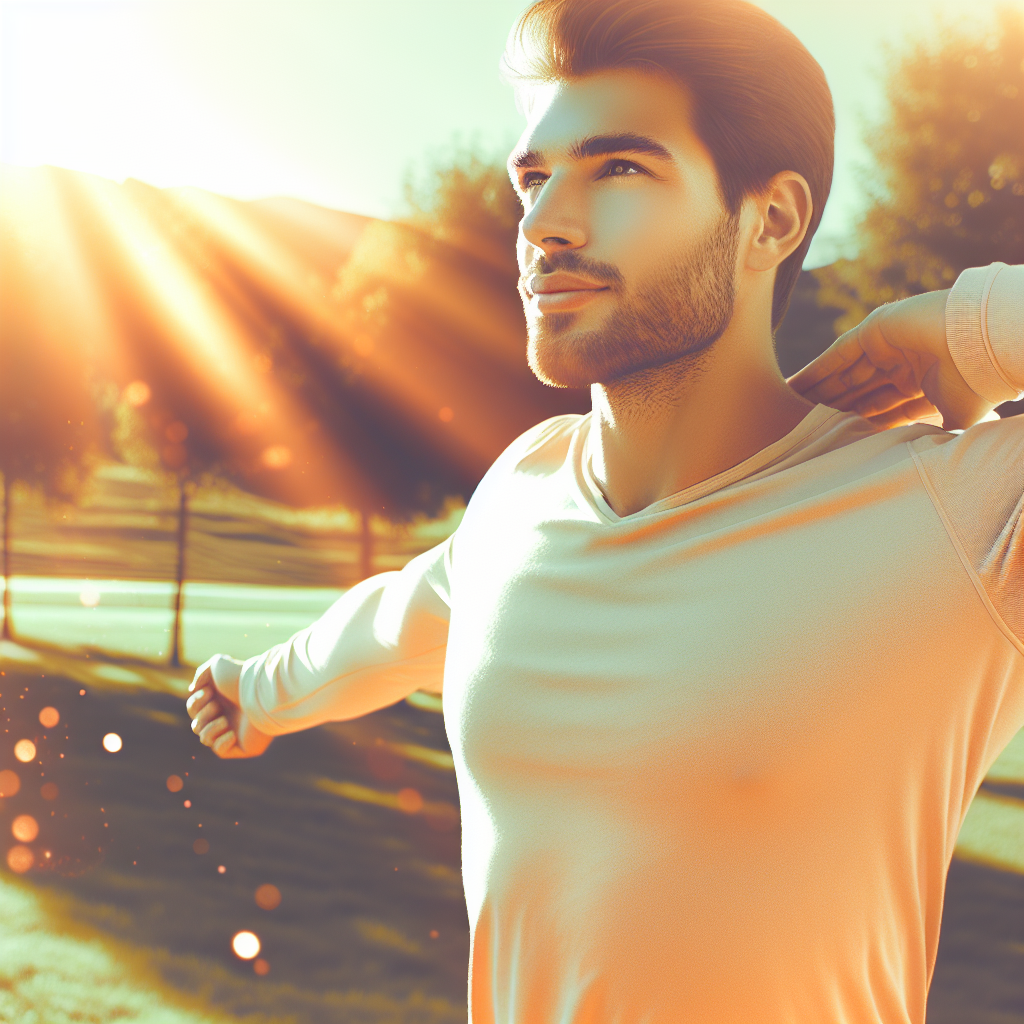 A happy and energetic person, looking fit and confident, performing a light activity like stretching or a gentle walk in a beautiful, sunny outdoor setting. Their expression conveys a sense of well-being, lightness, and freedom from hunger or struggle, symbolizing successful and sustainable weight loss without deprivation. Realistic photo, warm tones.