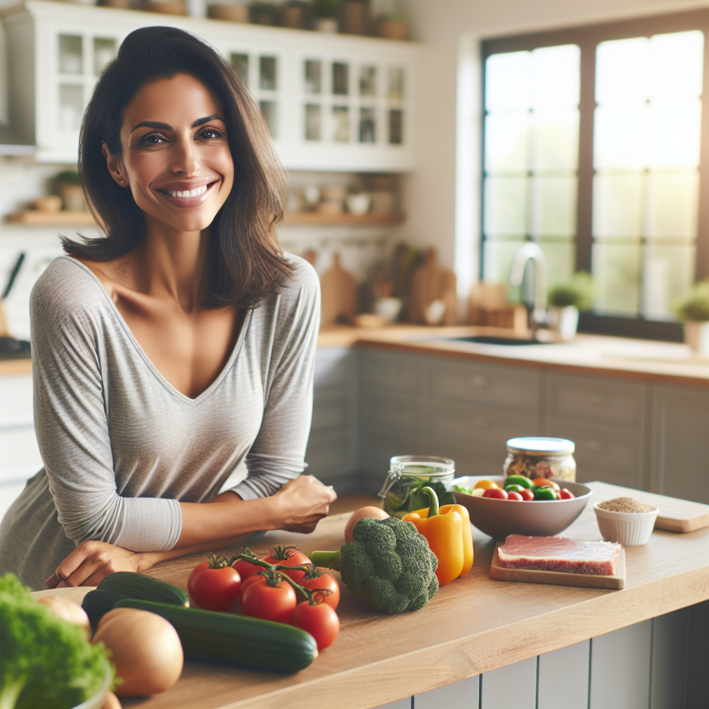 A relaxed and content person in their 30s, of diverse ethnicity, smiling gently while preparing a simple, fresh meal in a bright, modern kitchen. There are colorful vegetables, lean protein, and whole grains on the counter. The person is wearing comfortable everyday clothes, not sportswear. The scene conveys a sense of healthy living and effortless well-being without any visible exercise equipment. Warm, inviting lighting, realistic style.