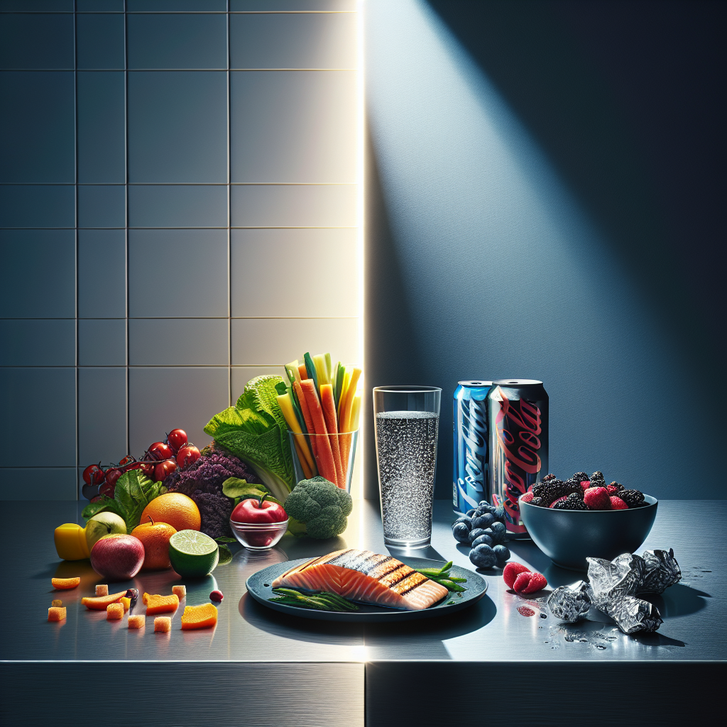 A striking visual contrast on a modern kitchen counter: on one side, a vibrant assortment of healthy foods for weight loss, including a plate of grilled salmon with steamed vegetables, a bowl of mixed berries, and a tall glass of sparkling water. On the other side, subtly placed in shadow or slightly out of focus, are representations of unhealthy choices being avoided, like an empty, discarded sugary soda can or a wrapper from a processed snack. The focus is clearly on the fresh, nutritious items, conveying a message of smart food choices for effective weight loss. Bright, clean, and professional food photography style.