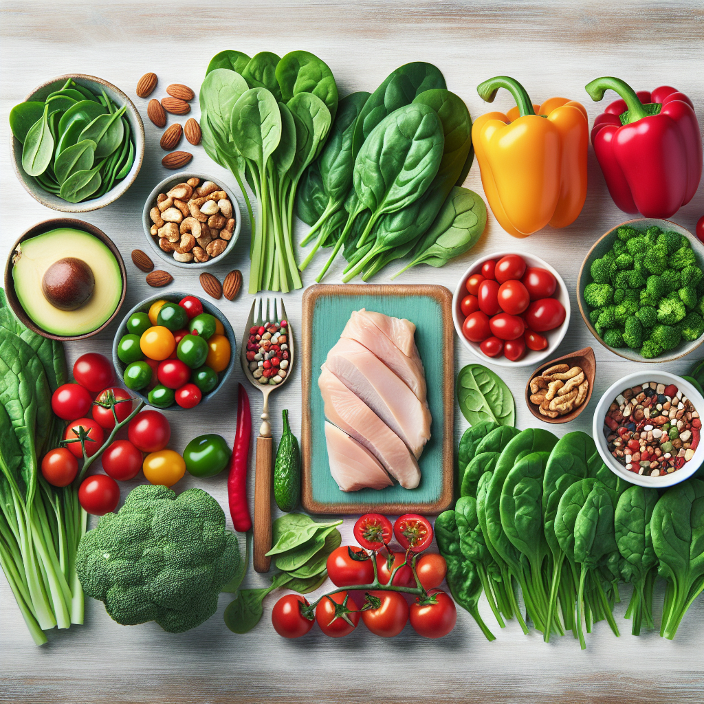 A beautifully arranged flat lay showcasing a variety of fresh, colorful, and wholesome food ingredients on a light wooden background. Include vibrant vegetables like bell peppers, spinach, and cherry tomatoes, alongside lean protein such as grilled chicken breast, and healthy fats like sliced avocado and a few nuts. The composition should appear appetizing, clean, and inspiring for a healthy diet.