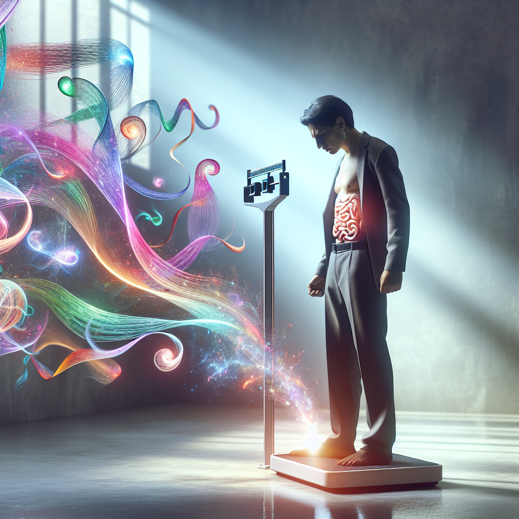 A determined but slightly frustrated person, looking at a weight scale that is stubbornly not moving. Around them, ethereal, glowing ribbons of light in different colors (representing hormones like insulin, cortisol, thyroid) are subtly swirling and creating an invisible resistance, symbolizing the struggle to lose weight despite hormonal challenges. The setting is clean and hopeful, with soft, natural light. Emphasize the internal battle and the unseen forces. Cinematic, realistic photo.