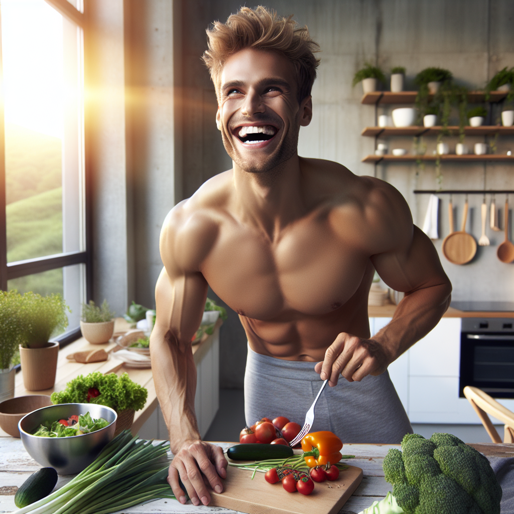 A cheerful, energetic person (gender-neutral) with a bright smile, looking healthy and fit, perhaps enjoying a light outdoor activity or preparing a meal in a modern, sunlit kitchen. The scene should evoke feelings of vitality, wellness, and successful weight management, with a subtle presence of fresh, colorful low-carb ingredients like vegetables and lean proteins in the background. Photo-realistic, optimistic, and clean style.