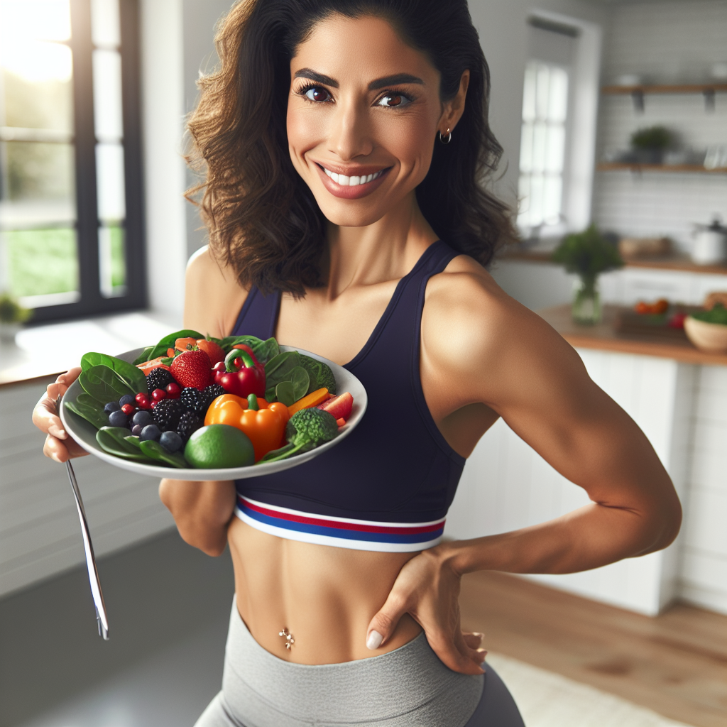 A radiant and confident woman, mid-30s, smiling as she holds a plate filled with colorful fresh fruits and vegetables (e.g., berries, spinach, bell peppers). She is wearing comfortable activewear, with a bright, clean kitchen or a sunny outdoor setting in the background, subtly suggesting an active lifestyle. The image conveys health, vitality, and a sense of accomplishment. Realistic photo style, natural light.