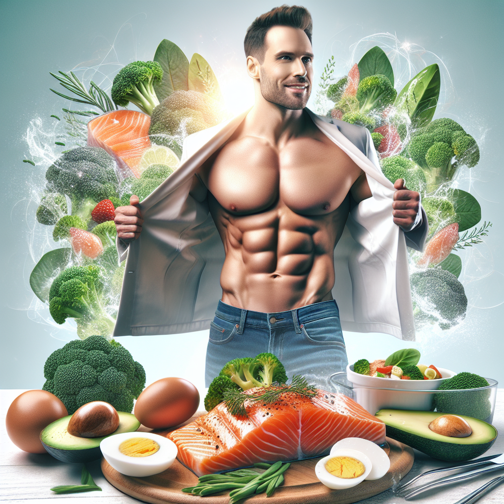 A vibrant and energetic person smiling confidently, embodying successful weight loss and a healthy lifestyle. They are looking fit and happy. In the foreground, a beautifully arranged, fresh selection of low-carbohydrate foods like grilled salmon, avocado, broccoli, and eggs is visible, hinting at the diet's basis. Bright, natural lighting, clean and inspiring aesthetic. High quality digital art.