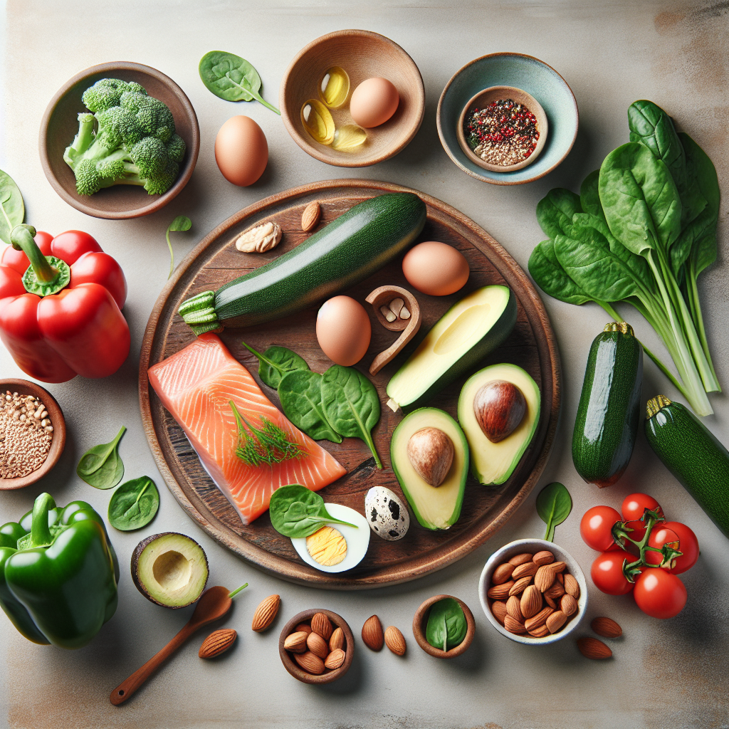 A visually appealing flat lay composition of diverse and fresh low-carbohydrate ingredients. Include items like colorful bell peppers, zucchini, leafy greens, a piece of salmon or chicken, a couple of eggs, avocado slices, and a small handful of nuts. The arrangement should be clean and inviting, with natural lighting on a rustic wooden table or light background, emphasizing freshness and healthy eating. Studio photography style.