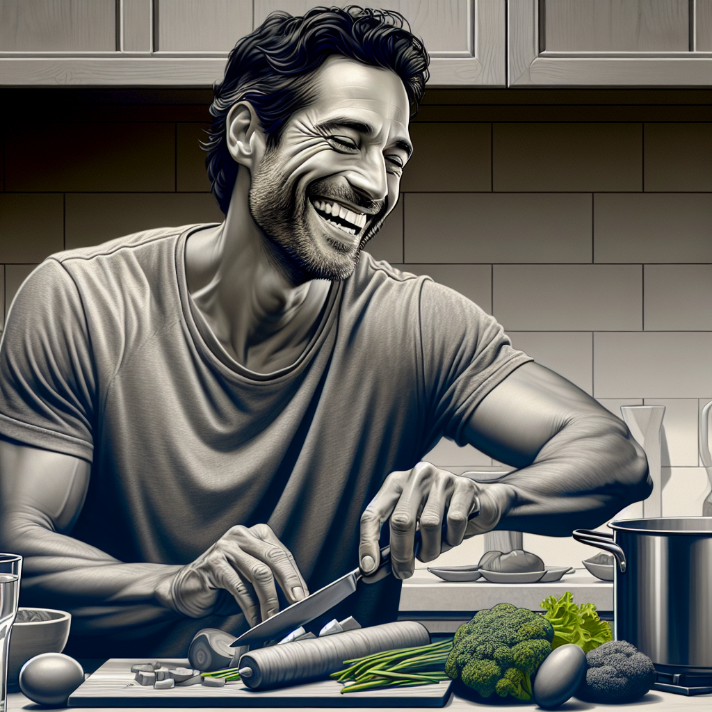 A relaxed person, casually dressed in comfortable everyday clothes (not sportswear), is cheerfully preparing a healthy, colorful meal in a modern, bright kitchen. They are smiling, perhaps chopping fresh vegetables or stirring a pot. A large glass of water is prominent on the counter. The scene conveys a sense of ease, comfort, and a sustainable, enjoyable lifestyle focused on healthy eating at home, without any signs of exercise or a gym.