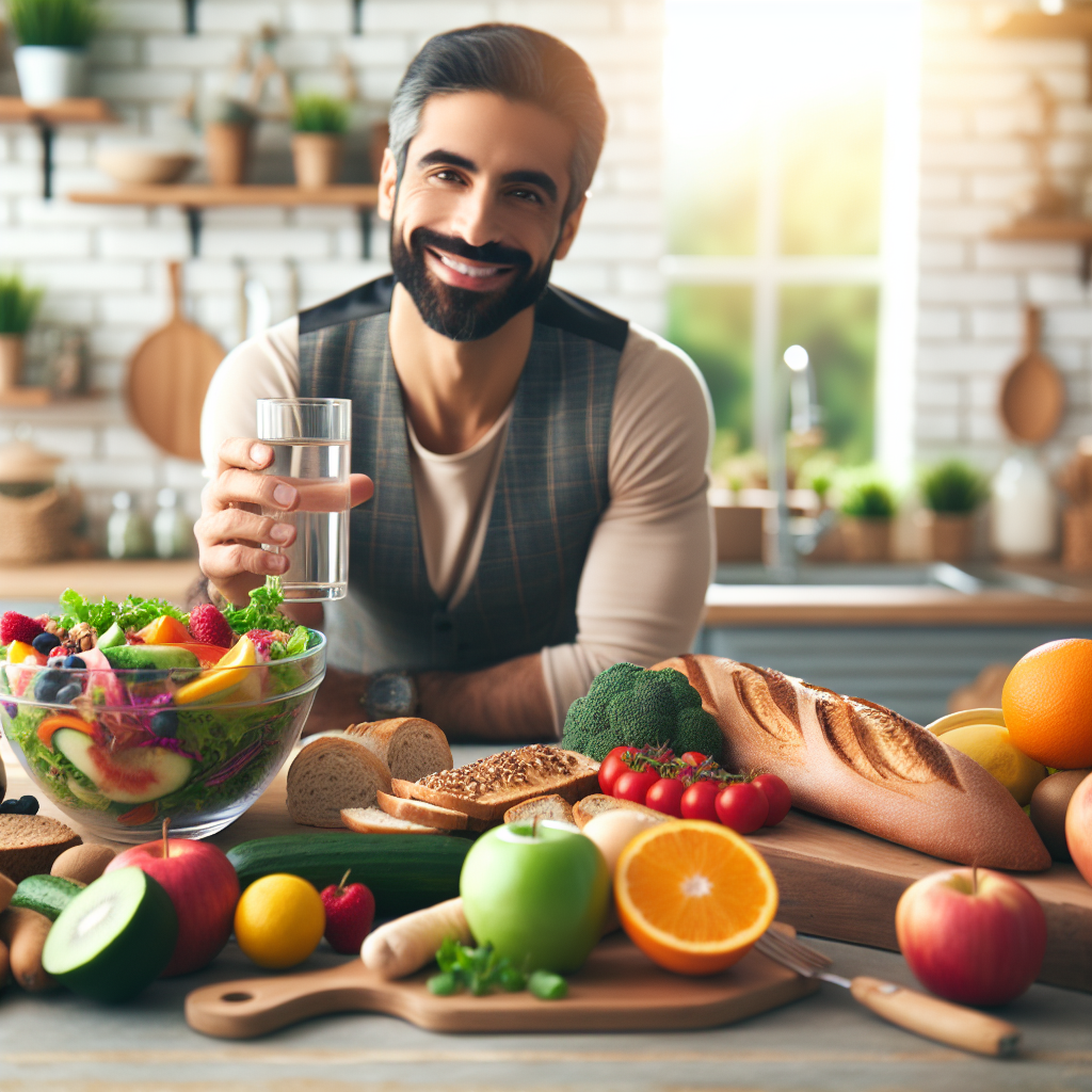A beautiful, vibrant spread of diverse healthy foods prominently displayed on a clean kitchen counter or wooden dining table. This includes a colorful salad, fresh fruits, whole-grain bread, a piece of grilled lean fish or chicken, and a full glass of water. In the soft-focus background, a happy, confident person, dressed in everyday non-gym attire, looks content and well, embodying the positive results of healthy eating and lifestyle changes. The emphasis is on the delicious and natural aspect of the food.