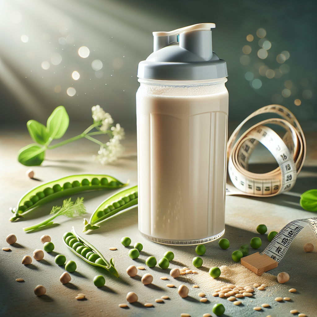 A modern, clear glass shaker bottle containing a light-colored protein shake, surrounded by fresh green peas, a handful of brown rice grains, and a measuring tape. The scene is bright, clean, and minimalist, emphasizing healthy, soy-free weight loss alternatives and nutrition.