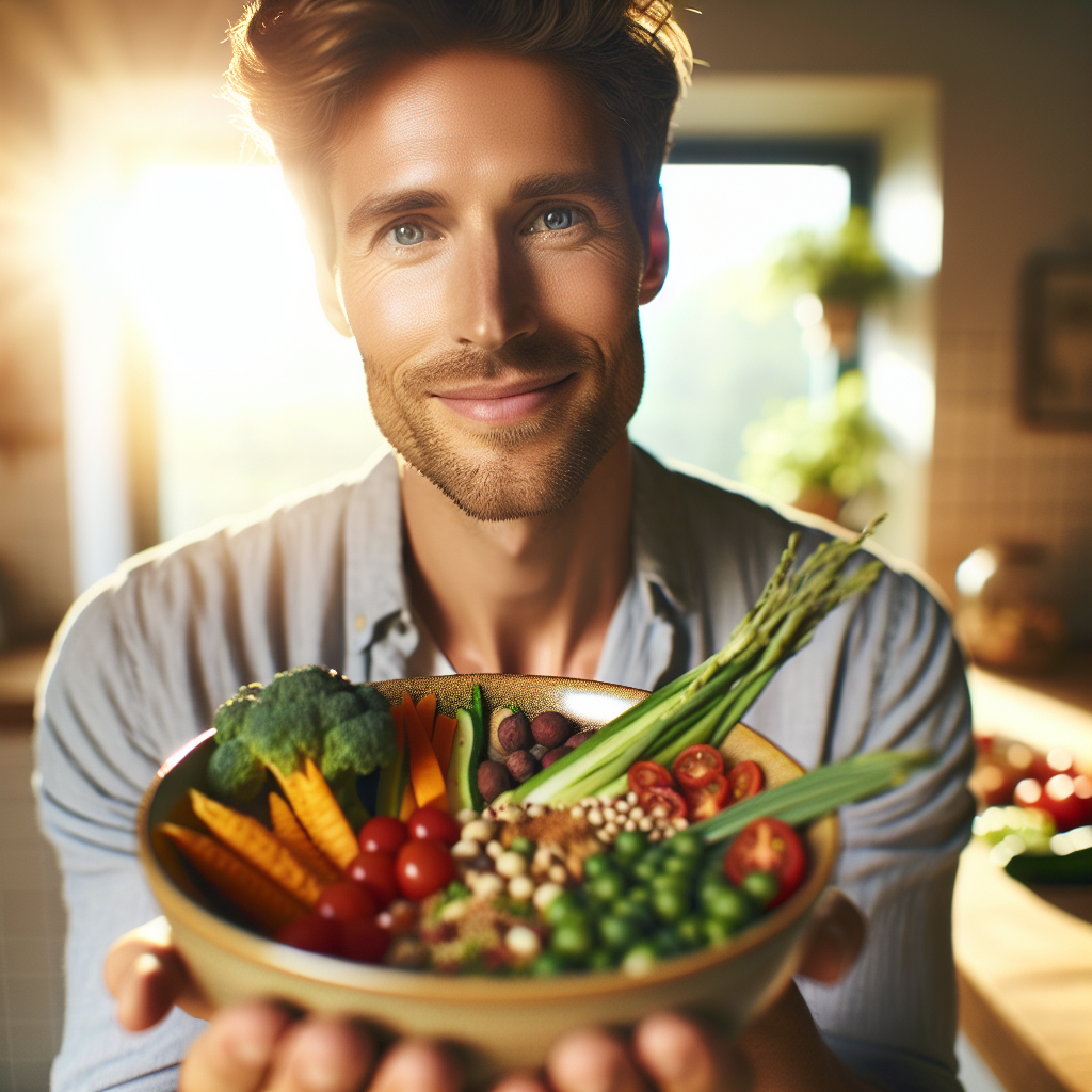 A vibrant, inviting close-up of a person's hands holding a delicious, colorful, and balanced meal (e.g., a bowl with fresh vegetables, whole grains, and lean protein), with warm, natural light. The person is smiling slightly, implying enjoyment and satisfaction, not deprivation. The background is soft and slightly blurred, suggesting a relaxed, everyday setting. Modern, clean photography style.