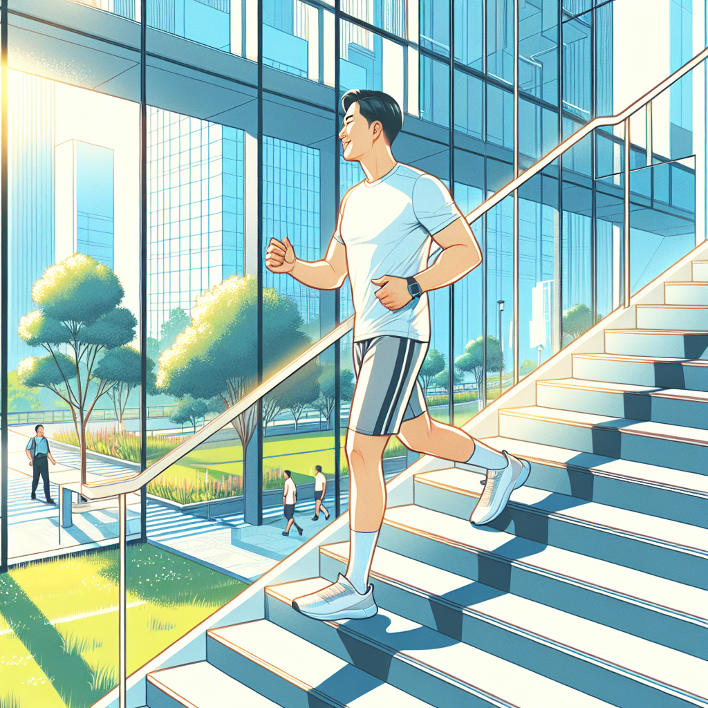 An energetic yet natural scene showing a person effortlessly incorporating movement into their daily routine, such as happily taking the stairs instead of an elevator in a bright building, or walking briskly in a park during a lunch break. The overall atmosphere is light, positive, and emphasizes ease and sustainability, not intense workout. The person looks relaxed and healthy, not stressed. Bright, modern illustration style.